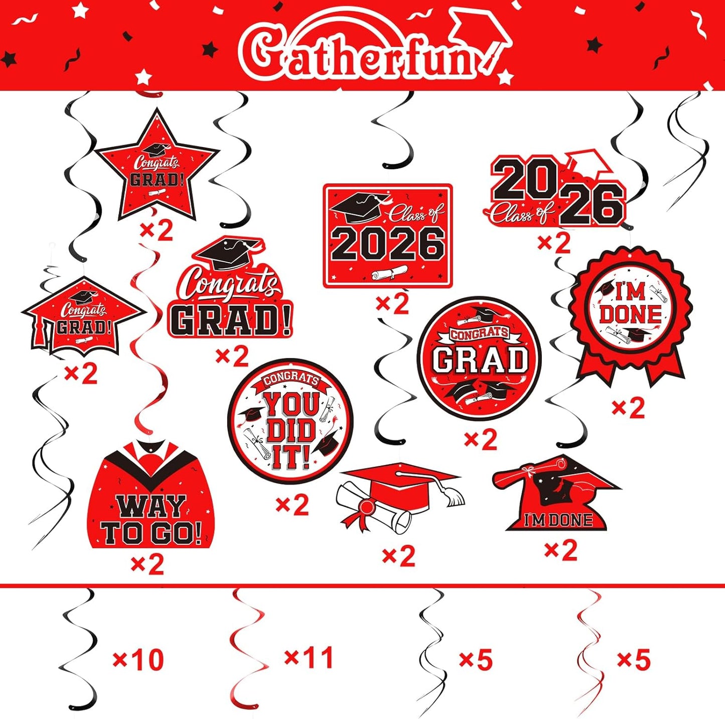 31 Pieces Graduation Decorations Class of 2026, Graduation Hanging Swirl Congrats Grad and Graduation Party Decorations(red, Black)