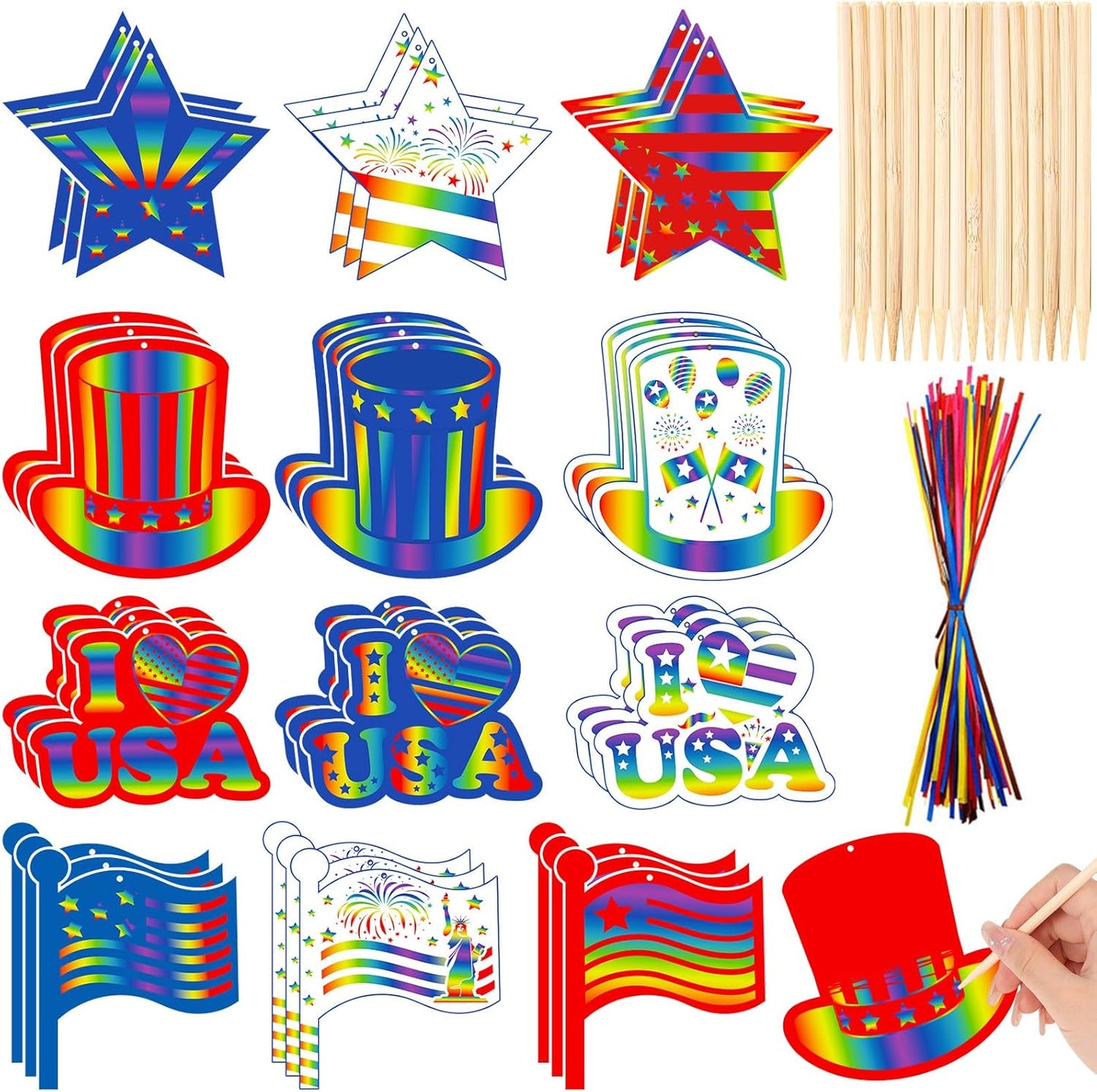HOWAF 36pcs USA Patriotic Crafts 4th of July 250th Annicersary Scratch Paper Art Kit, Red White Blue Rainbow Scratch Off Cards for 1776-2026 School DIY Drawing Project Supplies