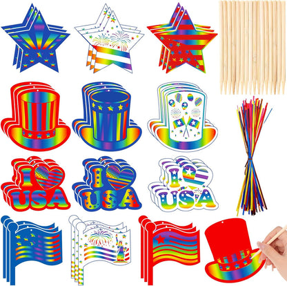 HOWAF 36pcs USA Patriotic Crafts 4th of July 250th Annicersary Scratch Paper Art Kit, Red White Blue Rainbow Scratch Off Cards for 1776-2026 School DIY Drawing Project Supplies