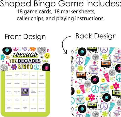 Big Dot of Happiness Through the Decades - Bingo Cards and Markers - 50s, 60s, 70s, 80s, and 90s Party Bingo Game - Set of 18