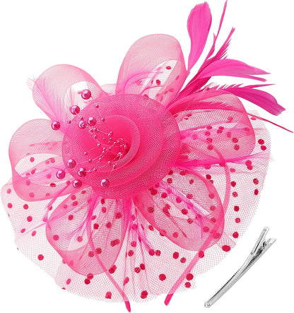 DRESHOW Fascinators Hat Flower Mesh Ribbons Feathers on a Headband and a Clip Tea Party Headwear for Girls and Women - Colors B