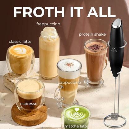 Zulay Kitchen Powerful Milk Frother Wand With Duracell Batteries - Ultra Fast Handheld Drink Mixer - Electric Whisk Foam Maker for Coffee, Lattes, Cappuccino & Matcha - Z1 Motor - Black - Colors A