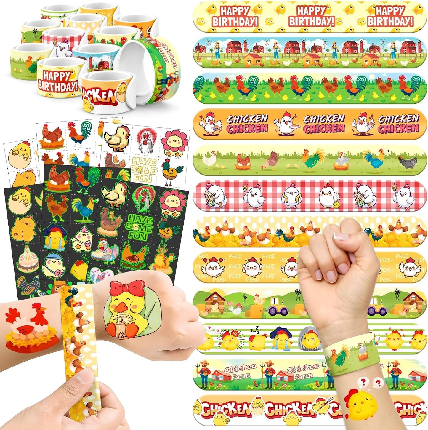 96 PCS Chicken Party Favors Set – 72 Pre-Cut Temporary Tattoos & 24 Slap Bracelets for Kids, Perfect for Farm-Themed Birthday Parties, Classroom Rewards & Barnyard Celebrations