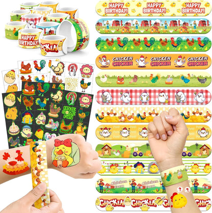 96 PCS Chicken Party Favors Set – 72 Pre-Cut Temporary Tattoos & 24 Slap Bracelets for Kids, Perfect for Farm-Themed Birthday Parties, Classroom Rewards & Barnyard Celebrations
