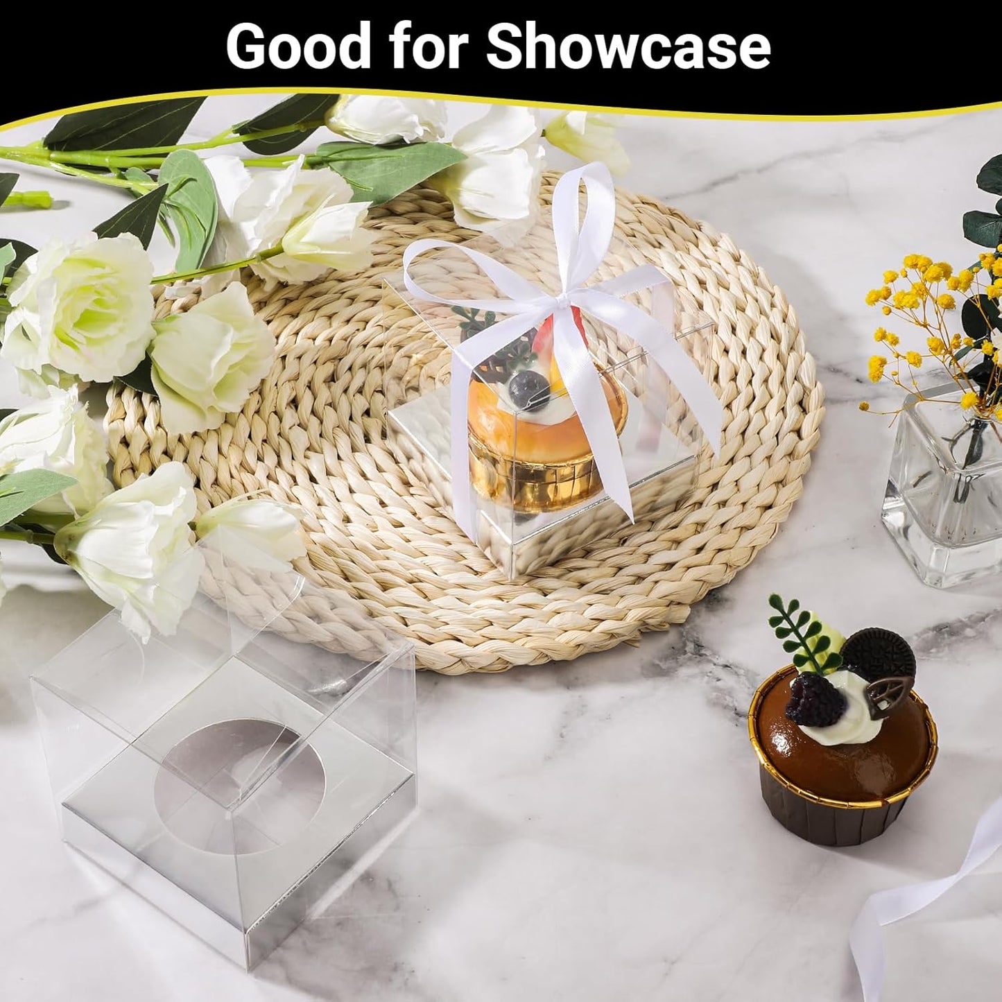 EUSOAR Individual Cupcake Holder, 50pcs 3.5 Inch Plastic Black Cupcake Containers with Lids, Single Transparent Display Clear Cupcake Carrier with Ribbon and Inserts for Wedding Party Favor