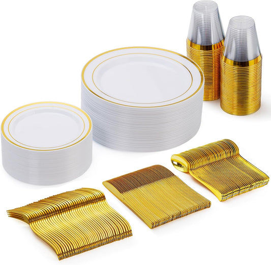 Goodluck 600 Pieces Gold Disposable Plates for 100 Guests, Plastic Plates for Party, Dinnerware Set of 100 Dinner and 100 Dessert Plates, 100 Spoons, 100 Forks, 100 Knives, 100 Cups