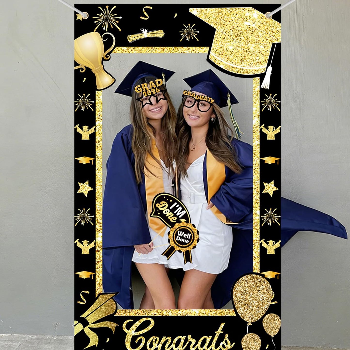 2026 Graduation Photo Booth Props & Selfie Frame Set, 30Pcs Black Gold Congrats Grad Party Photo Props with 1Pc Selfie Frame for Class of 2026 Graduation Decorations Party Supplies Gifts