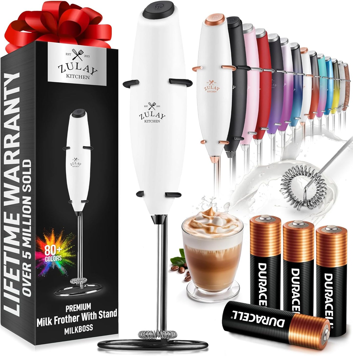 Zulay Kitchen Powerful Milk Frother Wand With Duracell Batteries - Ultra Fast Handheld Drink Mixer - Electric Whisk Foam Maker for Coffee, Lattes, Cappuccino & Matcha - Z1 Motor - Black - Colors C