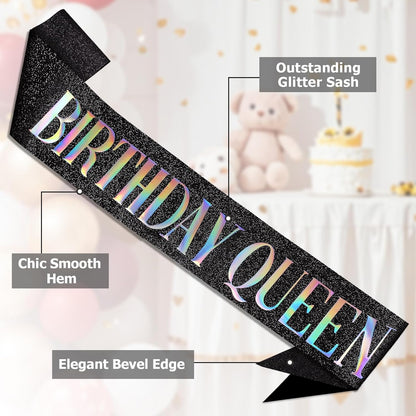 RUDONG M Birthday Queen Sash Glitter - Gold Birthday Sash for Women & Girls | Sweet 16/18th/21st/30th/40th/50th/60th/70th, All-Age Celebration Party Decor