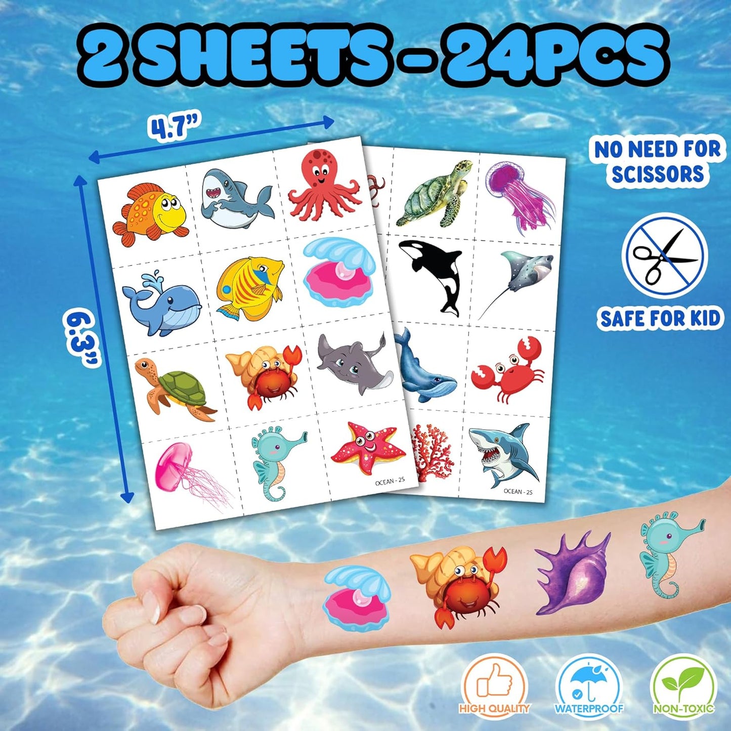 36PCS Ocean Party Favors - 24PCS Pre-Cut Temporary Tattoos & 12PCS Stamps - Ideal Sea Creature Under the Sea Themed Birthday Card Decoration Supplies Goodie Bag Kids Gifts Classroom Rewards Prizes