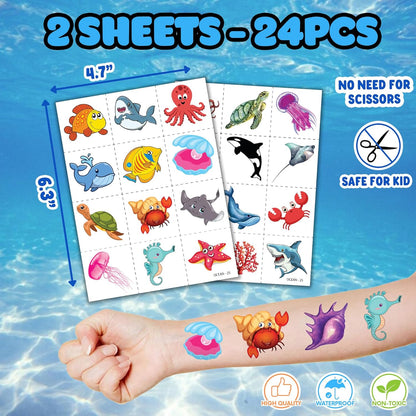 36PCS Ocean Party Favors - 24PCS Pre-Cut Temporary Tattoos & 12PCS Stamps - Ideal Sea Creature Under the Sea Themed Birthday Card Decoration Supplies Goodie Bag Kids Gifts Classroom Rewards Prizes