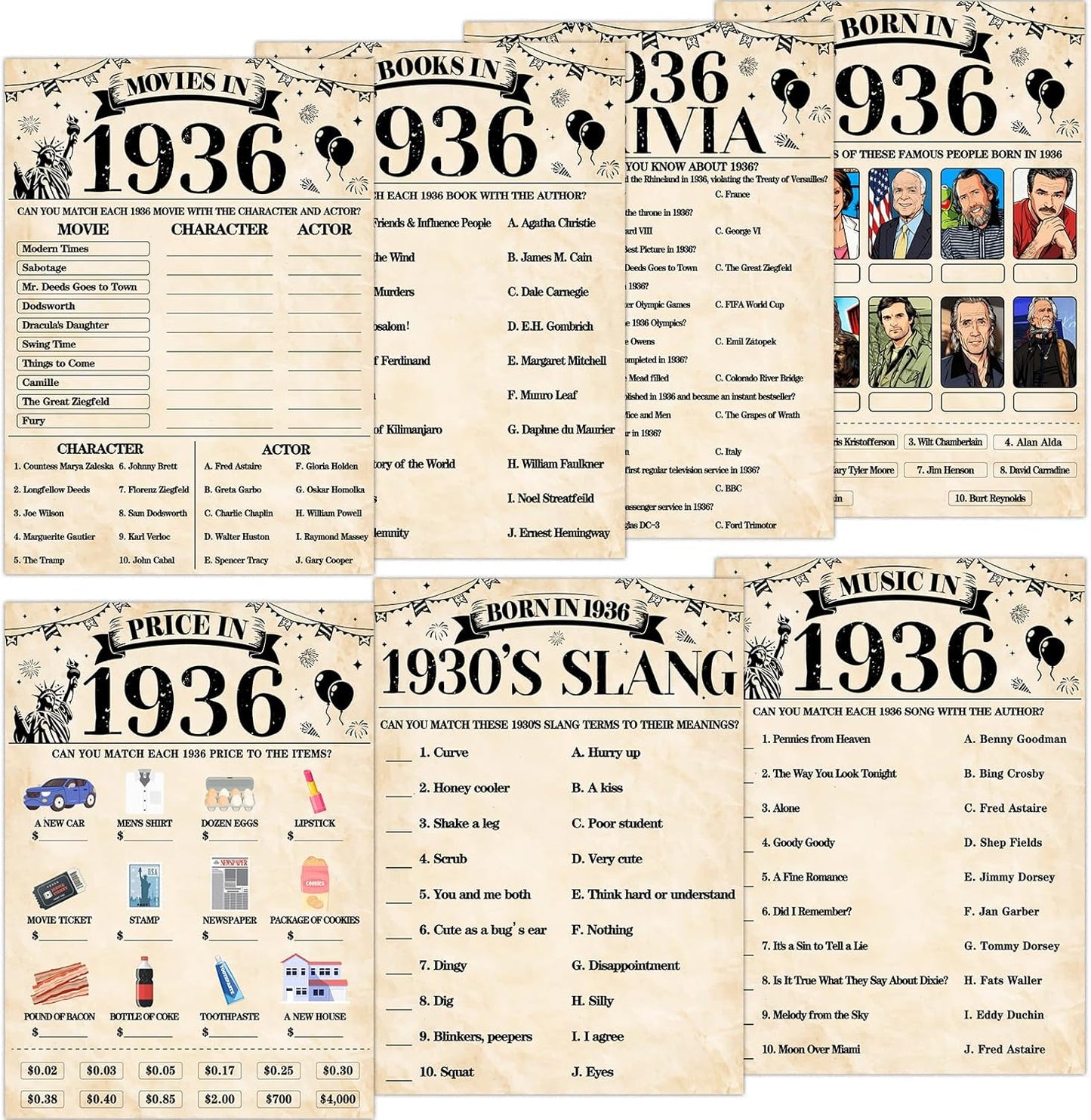 70Pcs 70th Birthday Party Games Born In 1956 Fun 1956 Trivia Music Slang Books Game Double-Sided Game Cards Vintage 70th Birthday Party Supplies for 70 Year Old Activity Anniversary Class Reunion