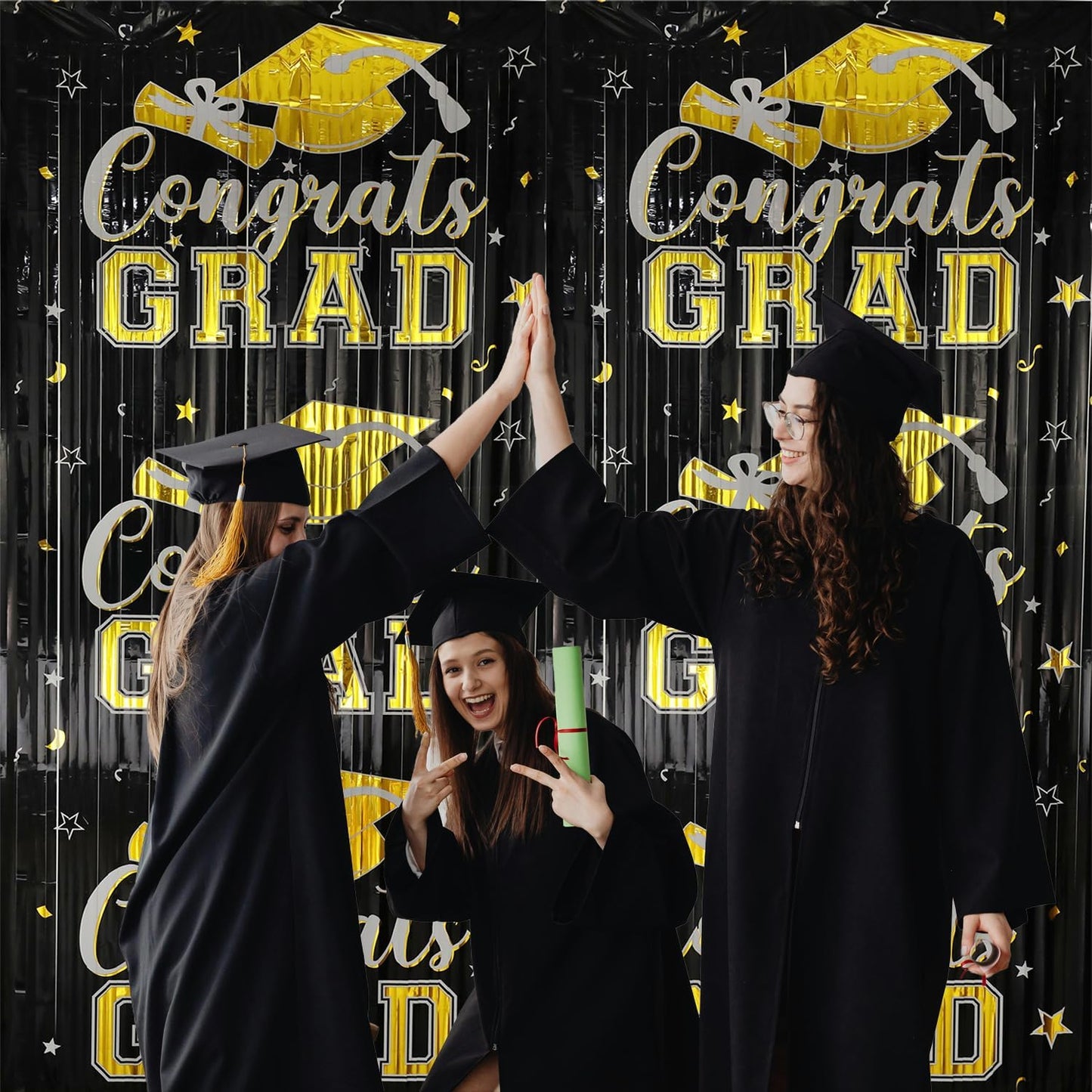 Gradution Party Suppiles Backdrop Decoration 2026, Claas of 2026 Streamer Tinsel Foil Fringe Curtains, Photo Booth Prop Backdrop, Black Grad Photo Backgrounds
