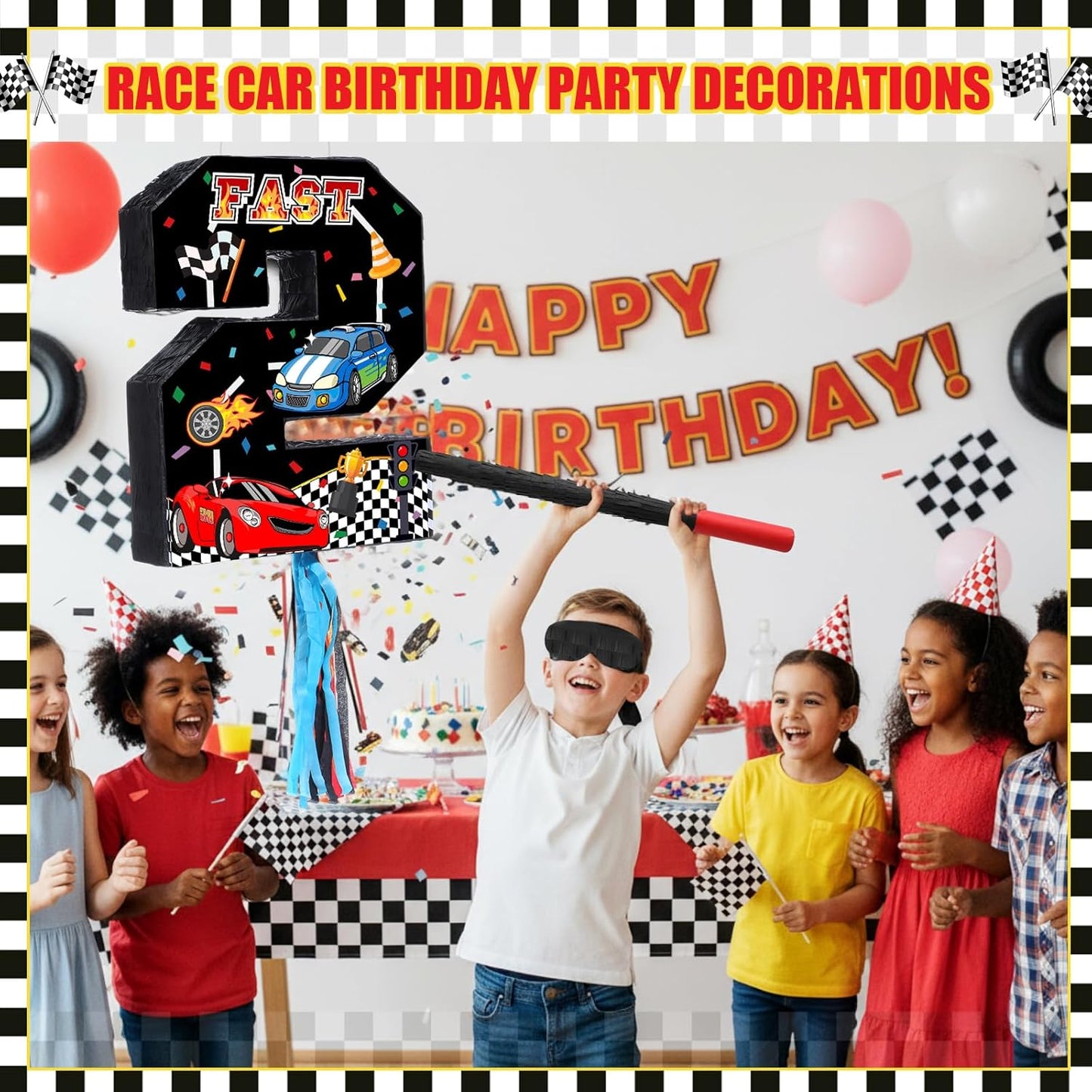 Pasimy Number 3 Piñata Race Car Party Favors Set with Black Red Birthday Piñata Stick Blindfold Slap Bracelet Keychain Sticker Racecar Party Gifts Birthday Decorations Goodie Bag Stuffer Supplies