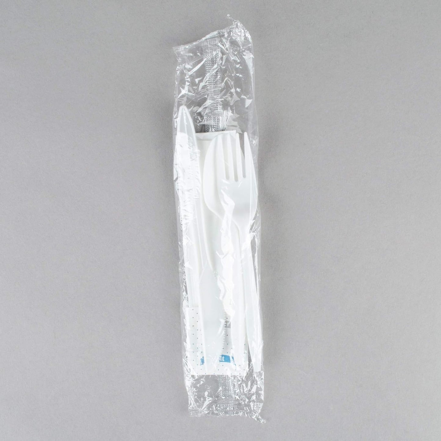 KitchenDine 100 Pack Medium Weight Wrapped white Plastic Cutlery Pack with Napkin and Salt/Pepper Packets (White)