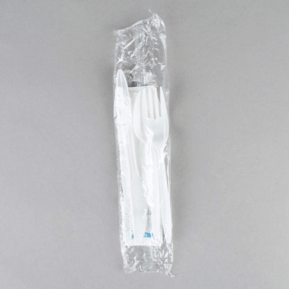 KitchenDine 100 Pack Medium Weight Wrapped white Plastic Cutlery Pack with Napkin and Salt/Pepper Packets (White)