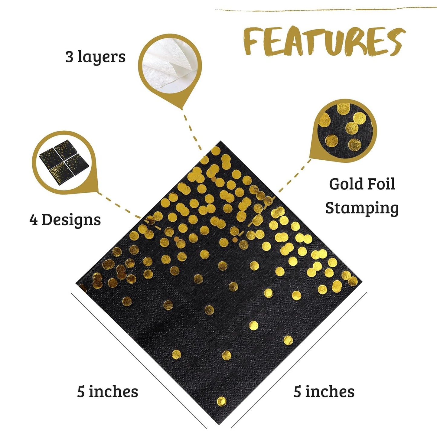 100 PK Gold Napkins - 4 Assorted Designs - 3-Ply Cocktail Napkins Folded 5 x 5 Inches Bar Napkins Disposable Party Napkins Paper Napkins Dinner for Wedding Baby Shower Birthday Graduation 2023