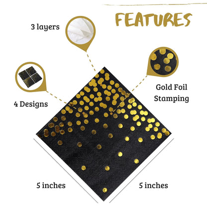 100 PK Gold Napkins - 4 Assorted Designs - 3-Ply Cocktail Napkins Folded 5 x 5 Inches Bar Napkins Disposable Party Napkins Paper Napkins Dinner for Wedding Baby Shower Birthday Graduation 2023