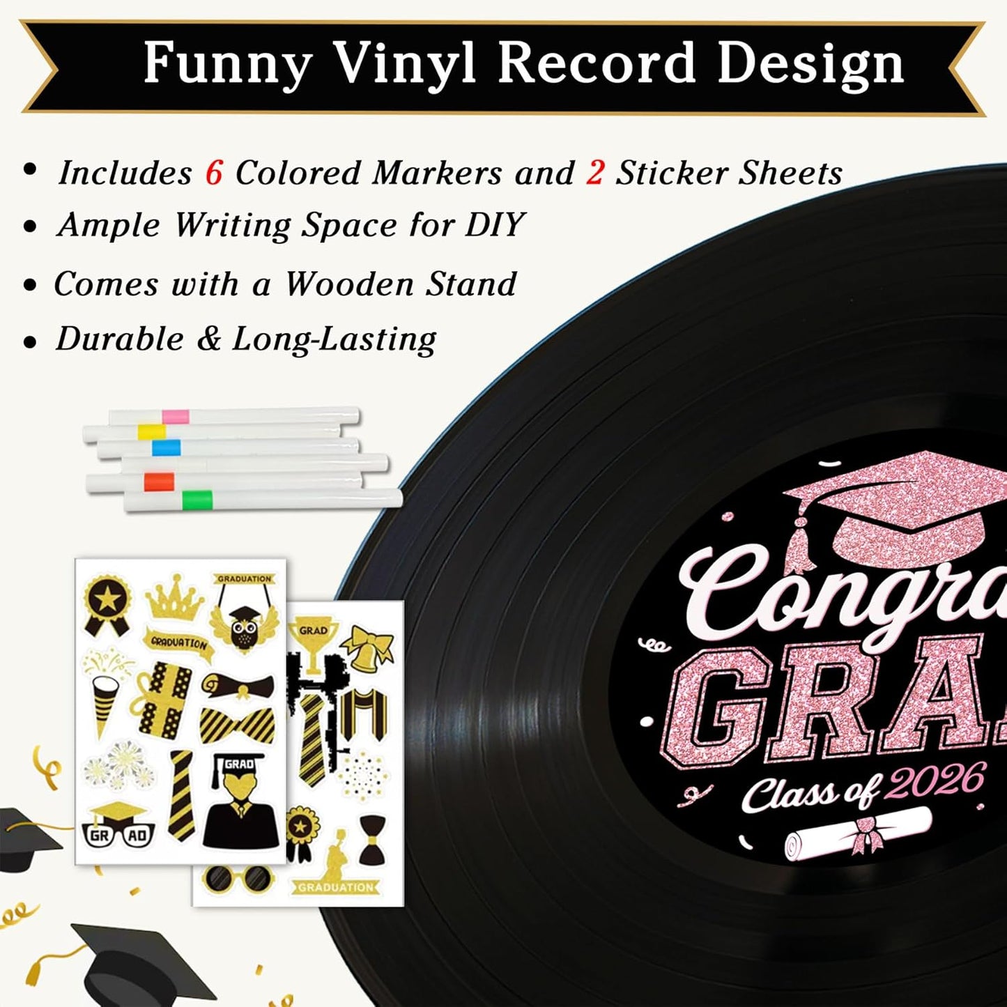 2026 Graduation Party Vinyl Record Alternative Guest Book, Black and Rosegold Class of 2026 Congrats Grad Graduation Decorations Signature Guest Book