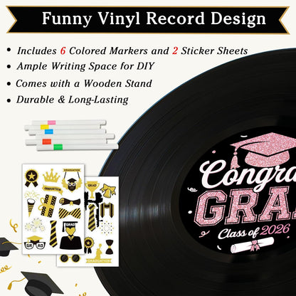 2026 Graduation Party Vinyl Record Alternative Guest Book, Black and Rosegold Class of 2026 Congrats Grad Graduation Decorations Signature Guest Book