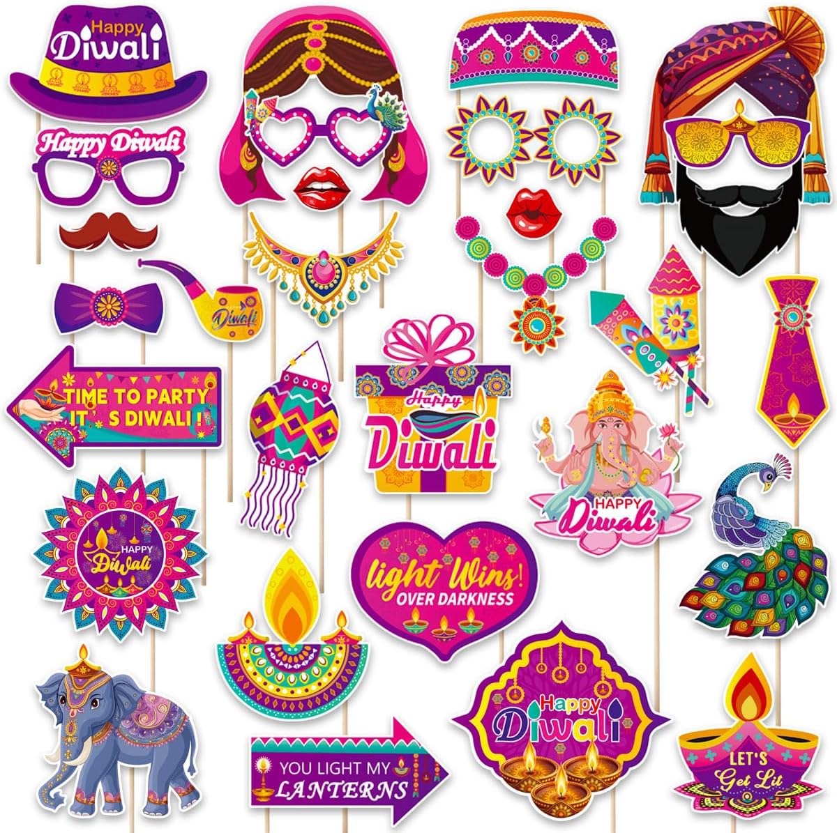 KYMY Happy Diwali Party Photo Booth Props Set, 1pc Deepavali Rangoli Selfie Frame with 20pcs Photo Booth Props, India Festival of Lights Party Favors for Hindu Diwali Themed Decorations Supplies