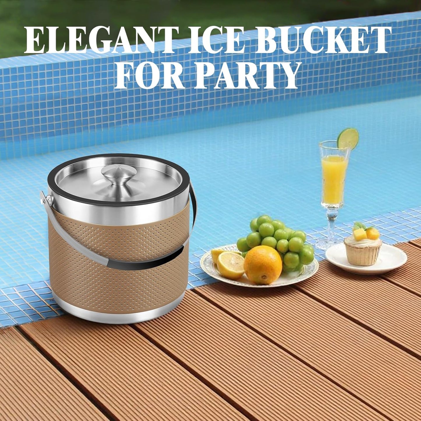 3.4Quart/3.2L Insulated Stainless Steel Ice Bucket with Lid, Scoop, Leather Design Double Wall Wine Bucket for Cocktail Bar, Parties (Dark Blue)