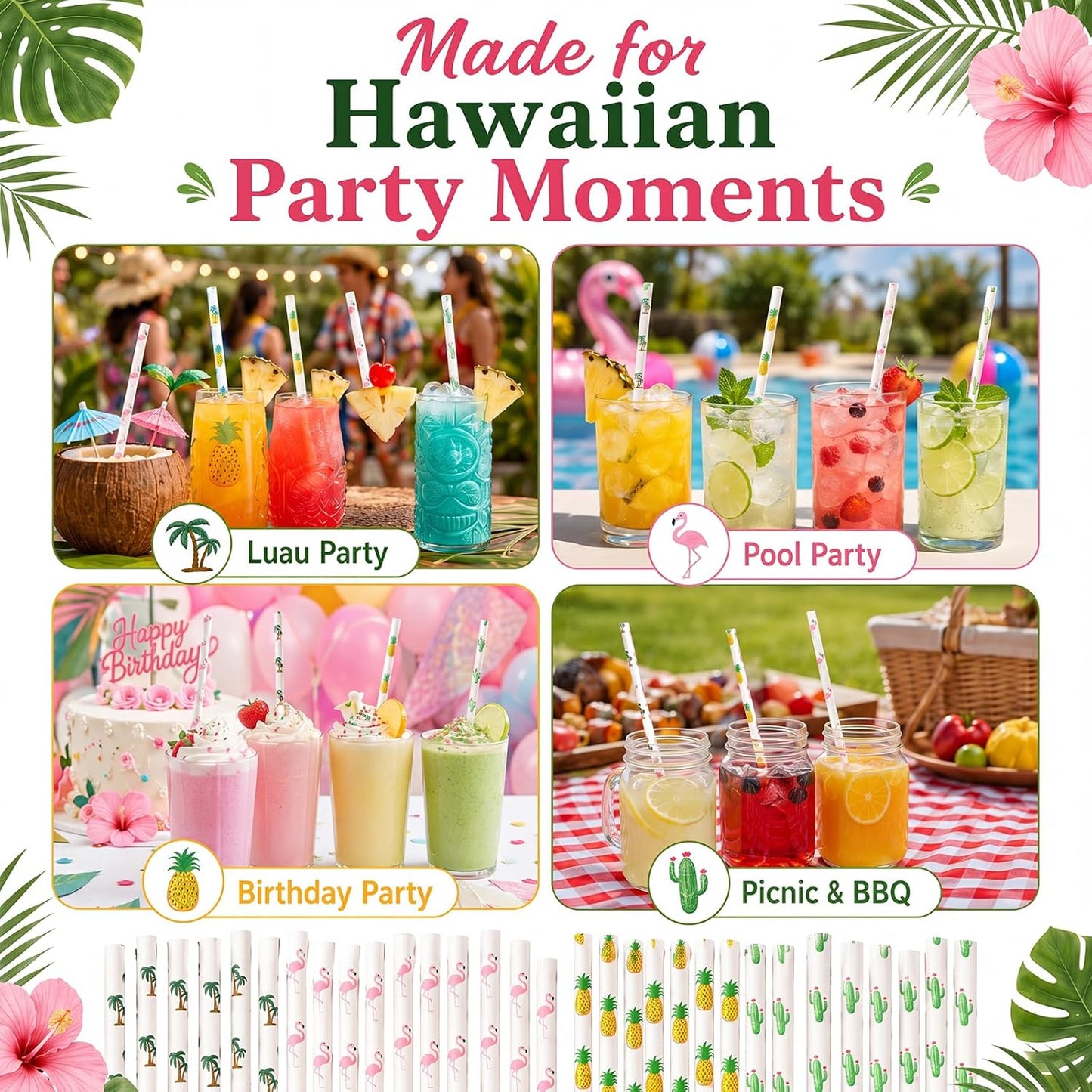 ALINK 100 Pack Tropical Paper Straws - 7.75" Biodegradable Hawaii Party Straws with Flamingo, Pineapple, Cactus & Coconut Tree Designs - Supplies for Luau, Beach Party, Birthday & Summer Cocktails