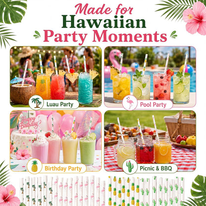 ALINK 100 Pack Tropical Paper Straws - 7.75" Biodegradable Hawaii Party Straws with Flamingo, Pineapple, Cactus & Coconut Tree Designs - Supplies for Luau, Beach Party, Birthday & Summer Cocktails