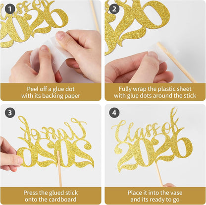 Ohuimrt Class of 2026 Graduation Decorations, 12 PCS Gold Graduation Centerpieces Sticks Double-Sided Table Toppers for Grad Party Decoration