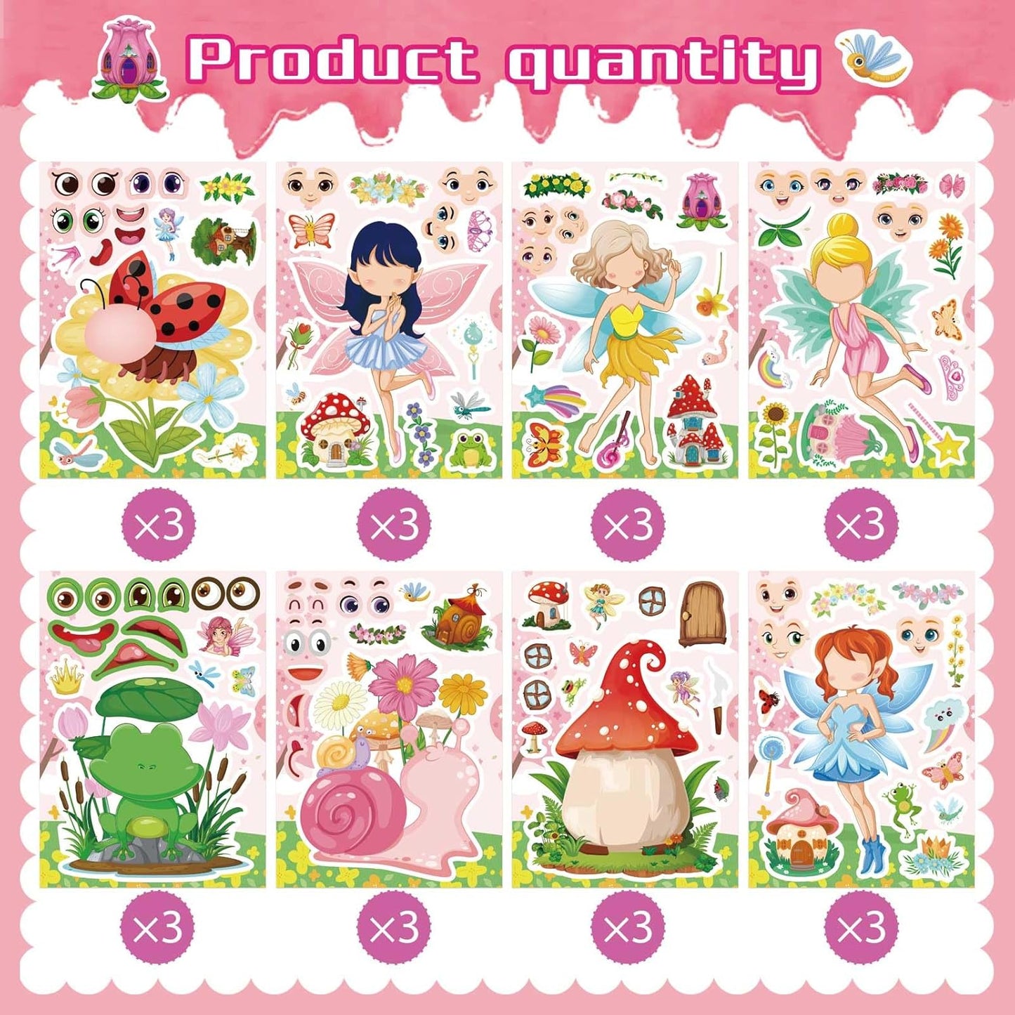 24 PCS Fairy Stickers for Kids, Make a Face Sticker with 8 Unique Designs Fairy, Frog, Mushroom, Make Your Own Stickers for Girls Birthday Party Favors, Goodie Bags, DIY Crafts