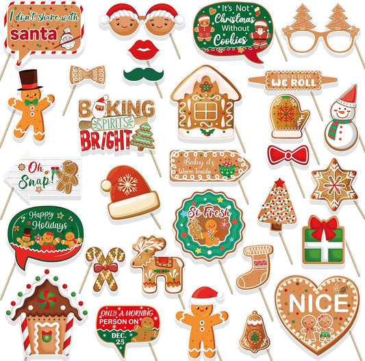 HOWAF Gingerbread Christmas Photo Booth Props Kit - 1 House Frame With 30pcs Man Selfie Props, Xmas Holiday Cookie Party Decorations