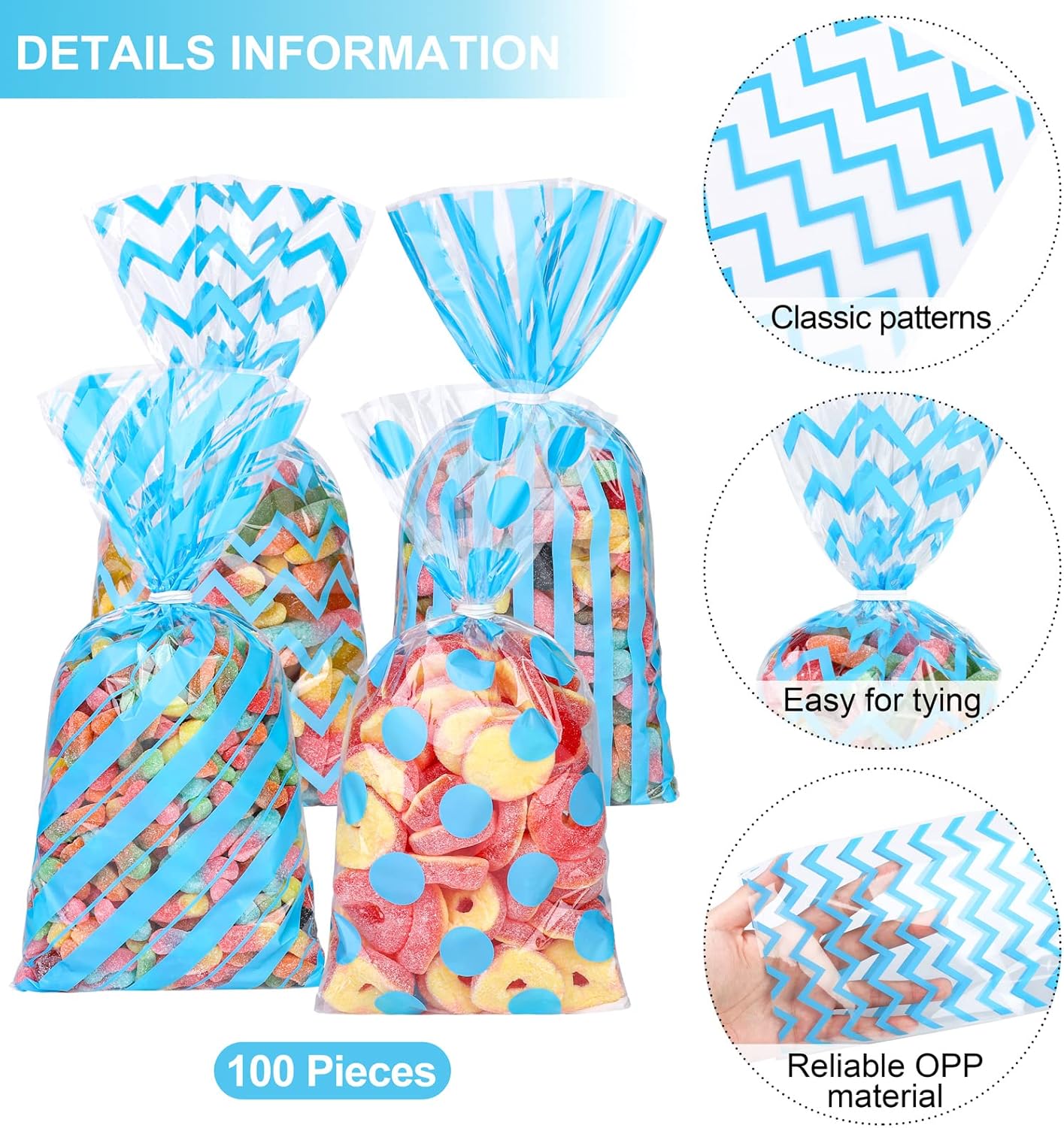 Aodaer 100 Pieces 10.6 x 5.1 In White Cellophane Bags Plastic Candy Gift Bag Cellophane Treat Bags with Twist Ties Stripes Polka Dot Printed Pattern Goodie Bag for Birthday Weddings Party Favors