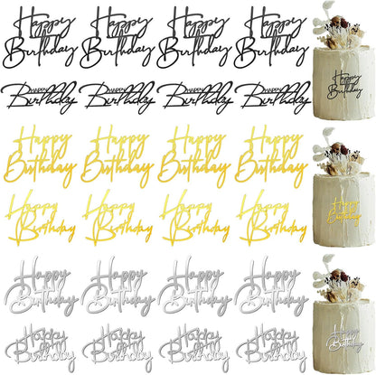 Barydat 24 Pieces Gold Happy Birthday Cake Toppers Mirror Acrylic Cupcake Topper Happy Birthday Sign for Cake Side Cupcake Decorations, 6 Styles