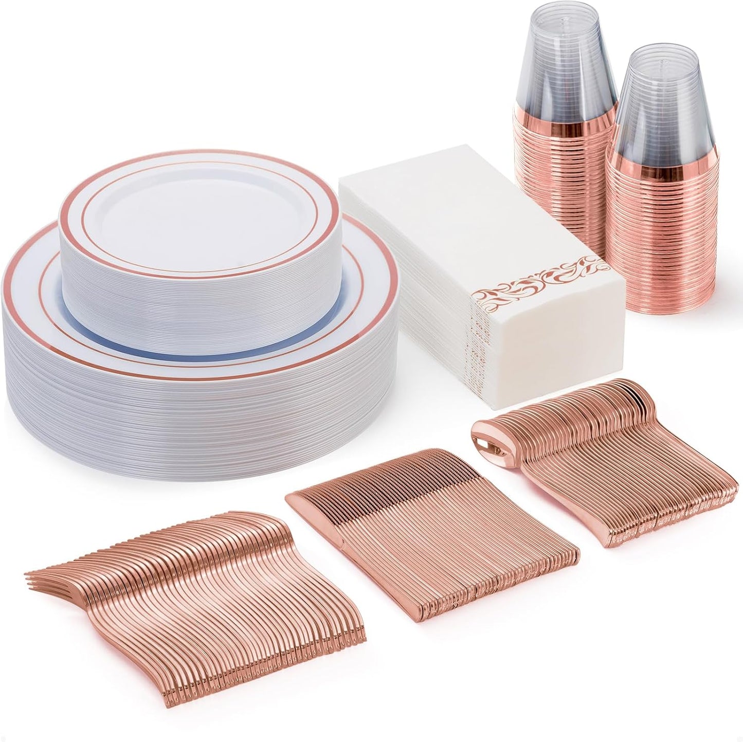 Goodluck 350 Pieces Gold Dinnerware Set for 50 Guests, Plastic Plates Disposable for Party, Include: 50 Gold Rim Dinner Plates, 50 Dessert Plates, 50 Paper Napkins, 50 Cups, 50 Gold Silverware Set