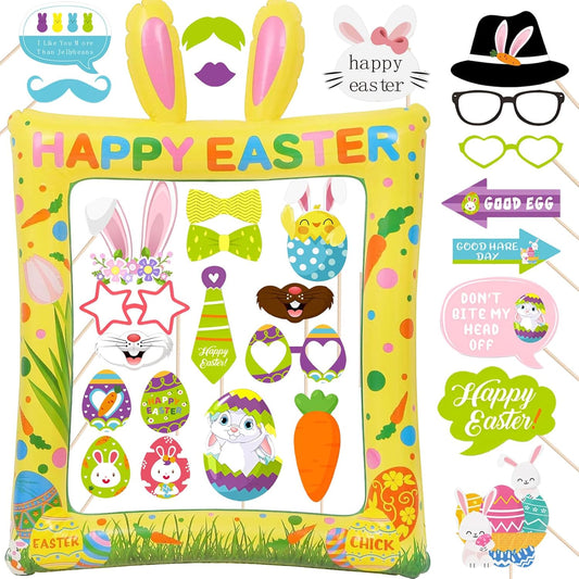 29 Pack Fun Giant Easter Theme Inflatable Selfie Frame & Photobooth Props Set for Pictures & Decors Happy Easter Photo Props Decorations for Bunny Egg Selfie Props Spring Photography Party Supplies