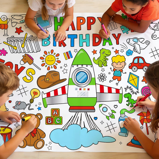 Cartoon Story Giant Coloring Tablecloth - 72 x 31 Inch Jumbo Paper Coloring Activity Poster, Rocket Happy Birthday Themed Table Cover for Birthday Party, Classroom, Family Games Decorations