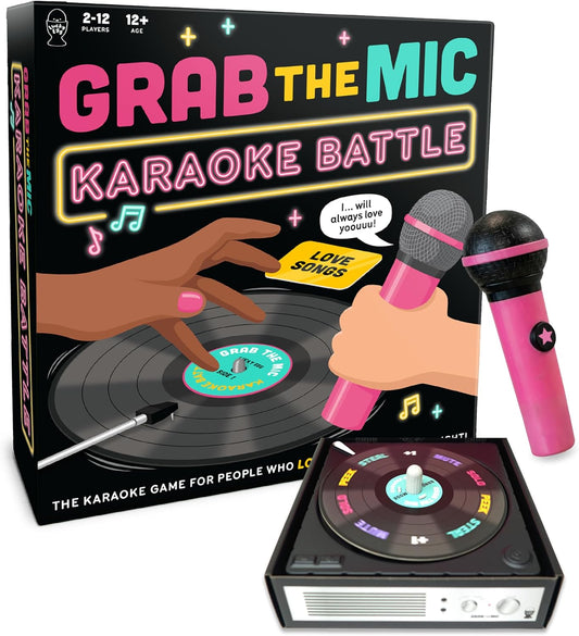 Lucky Egg Official Grab The Mic – Family Karaoke Board Game w/Foam Mic, 8+ Ages, 2-10 Players - Games for Bad Singers w/ 230 Lyrics (115 Cards)