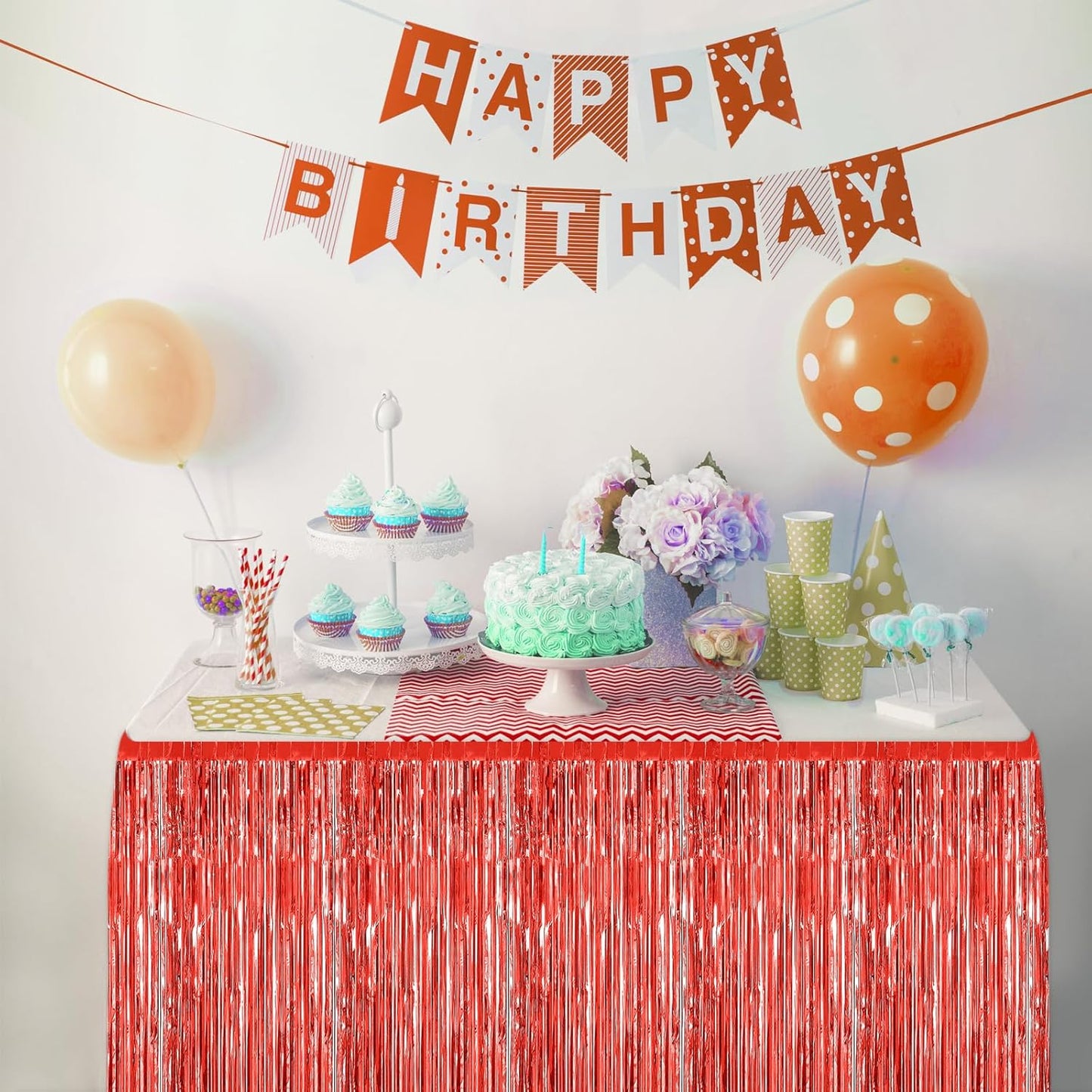 2 Pack 29.5x108 Inch Silver Foil Tinsel Fringe Table Skirts, Disposable Table Skirts for Rectangle Tables Curtains Backdrop Parade Wedding Floats Baby Shower Birthday Mardi Gras Party