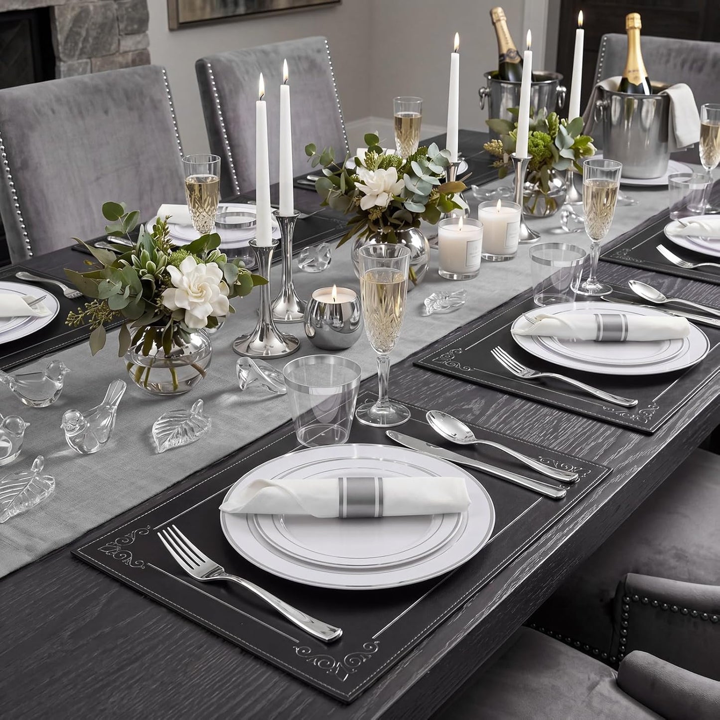 350 Pieces Black and Gold Plastic Plates with Disposable Silverware, Include 50 Dinner Plates 9”, 50 Dessert Plates 6.3”, 50 Black Cups 9 OZ, 50 Pre Rolled Napkins for Wedding Party Graduation