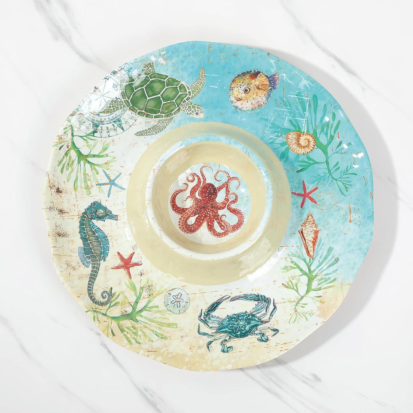 UPware Sea Life Melamine Chip and Dip Serving Tray, Round Serving Platter for Chips, Salsa, Fruit, and Snacks, Multicolor, 13.5 Inch