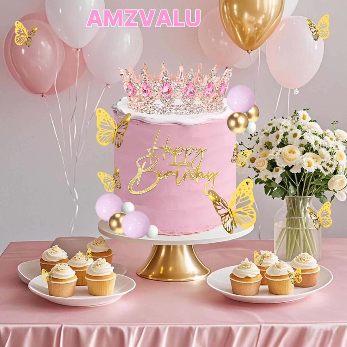 Crown Cake Topper, Balls Happy Birthday Cake Topper Pink Crown Birthday Candles Gold Butterflies, Corona Para Pastel, Cake Decorations for Birthday Wedding (Gold, Pink)