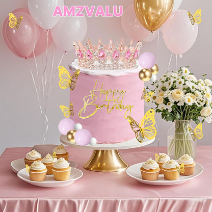 Crown Cake Topper, Balls Happy Birthday Cake Topper Pink Crown Birthday Candles Gold Butterflies, Corona Para Pastel, Cake Decorations for Birthday Wedding (Gold, Pink)