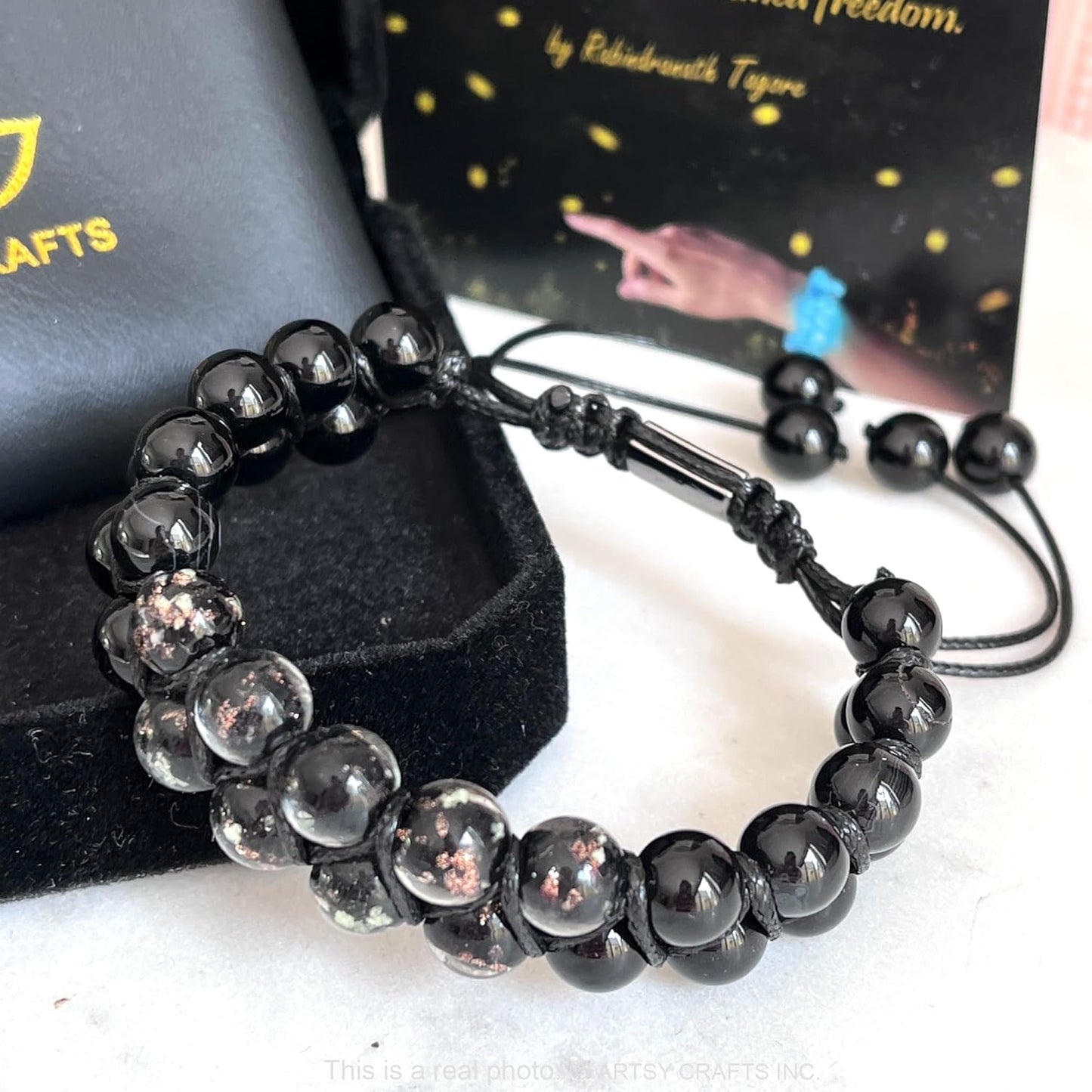 ARTSY Crafts Glow in The Dark Firefly Beads Bracelets, 7 Chakras Crystal Mermaid Glass Beaded Bracelets for Anti Anxeity Healing Energy Money Wealth Abundance Stackable Bangle Wristband