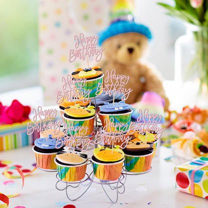 24 PCS Happy Birthday Cupcake Toppers Glitter Picks for Celebrating Anniversary Theme Party Cake Decorations Supplies Gold