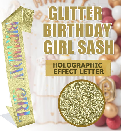 RUDONG M Birthday Girl Sash Glitter - Silver Birthday Sash for Women & Girls | Sweet 16/18th/21st/30th/40th/50th/60th/70th, All-Age Celebration Party Decor