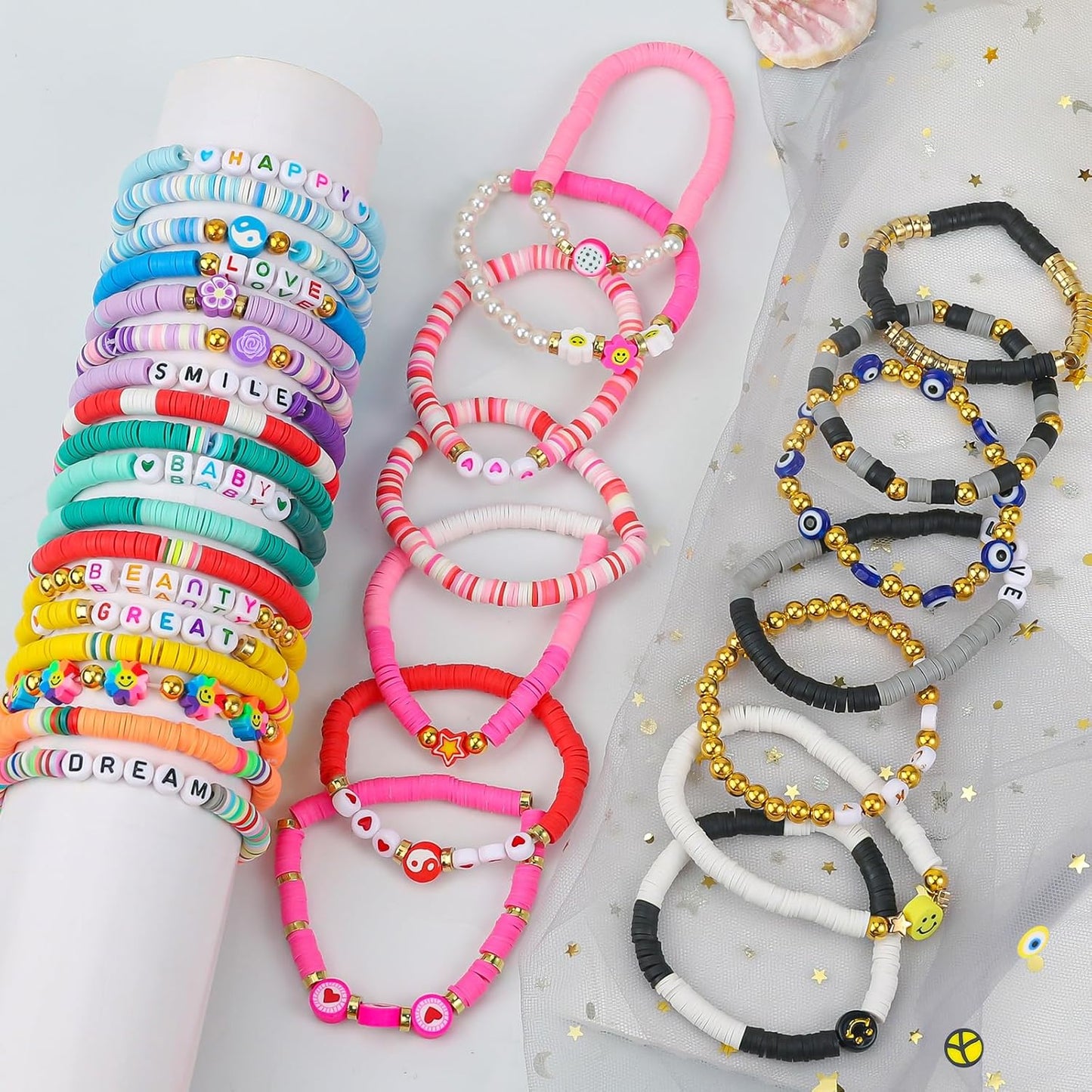 LUYI 32 Pcs Preppy Jewelry Bracelets for Women Clay Bead Colorful Surfer Heishi Bracelet Set Stackable Beaded Friendship Stretch Bracelets Boho Y2K Summer Beach Elastic Layering Bracelets