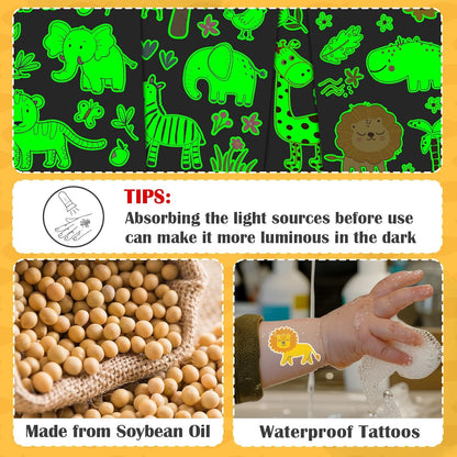 Partywind 380 Styles (30 Sheets) Luminous Tattoos for Kids, Mixed Styles Temporary Tattoos Stickers with Mermaid/Dinosaur/Space/Pirate for Boys and Girls, Glow Party Supplies