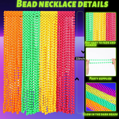 Ecally 48 Pieces Neon Beads Necklaces 33" Glow in The Dark UV Neon Bead Necklaces Glow Party Supplies 80s UV Black Light Accessories Bulk for Birthday Decorations Wedding Mardi Gras Party