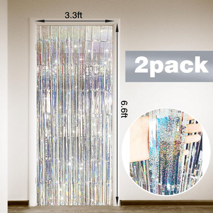 2 Pack Shiny Silver Tinsel Foil Fringe Curtains, 3.3ft x 6.6ft Iridescent Streamers Party Photo Backdrop for Birthday, Wedding, Engagement, Bachelorette Party Decoration