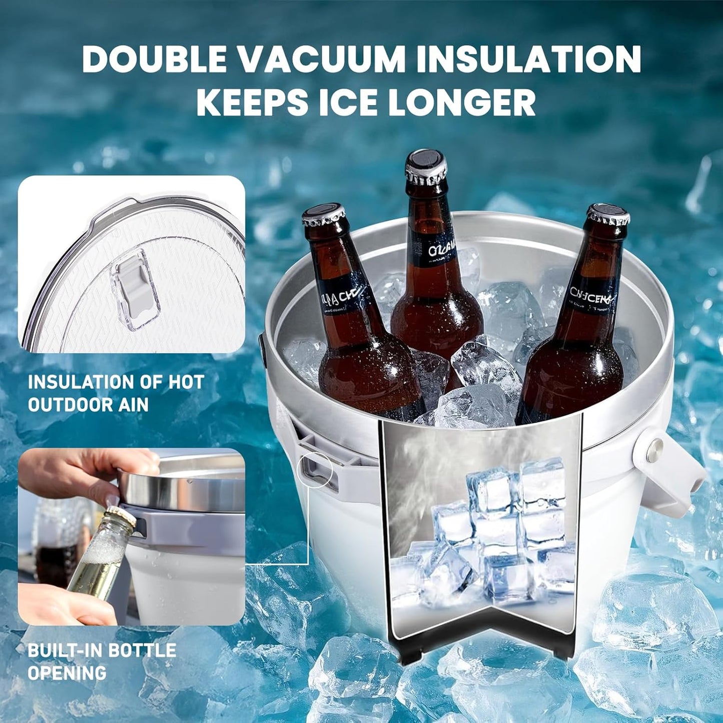 COKTIK 7L Insulated Ice Bucket with Lid，Double Wall Vacuum Stainless Steel Beverage Bucket Keeps Frozen Longer，Holds 6 Longnecks or 3 Bottles of Wine，for Cocktail, Champagne, Large Parties(Blue)